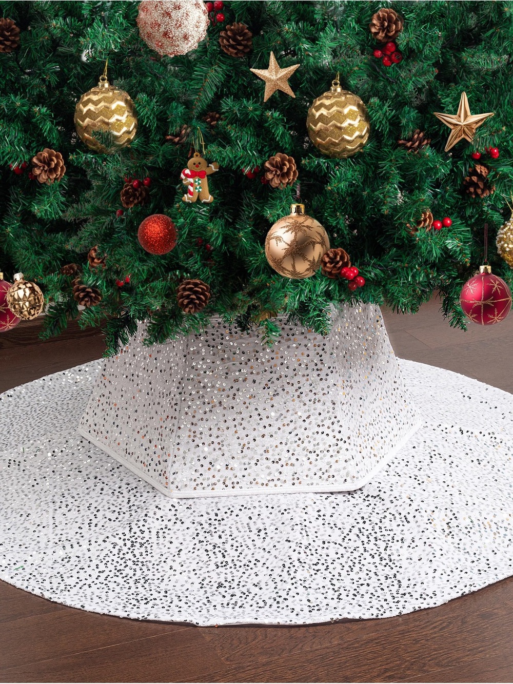White Sequin Christmas Tree Skirt - Elegant Holiday Tree Base